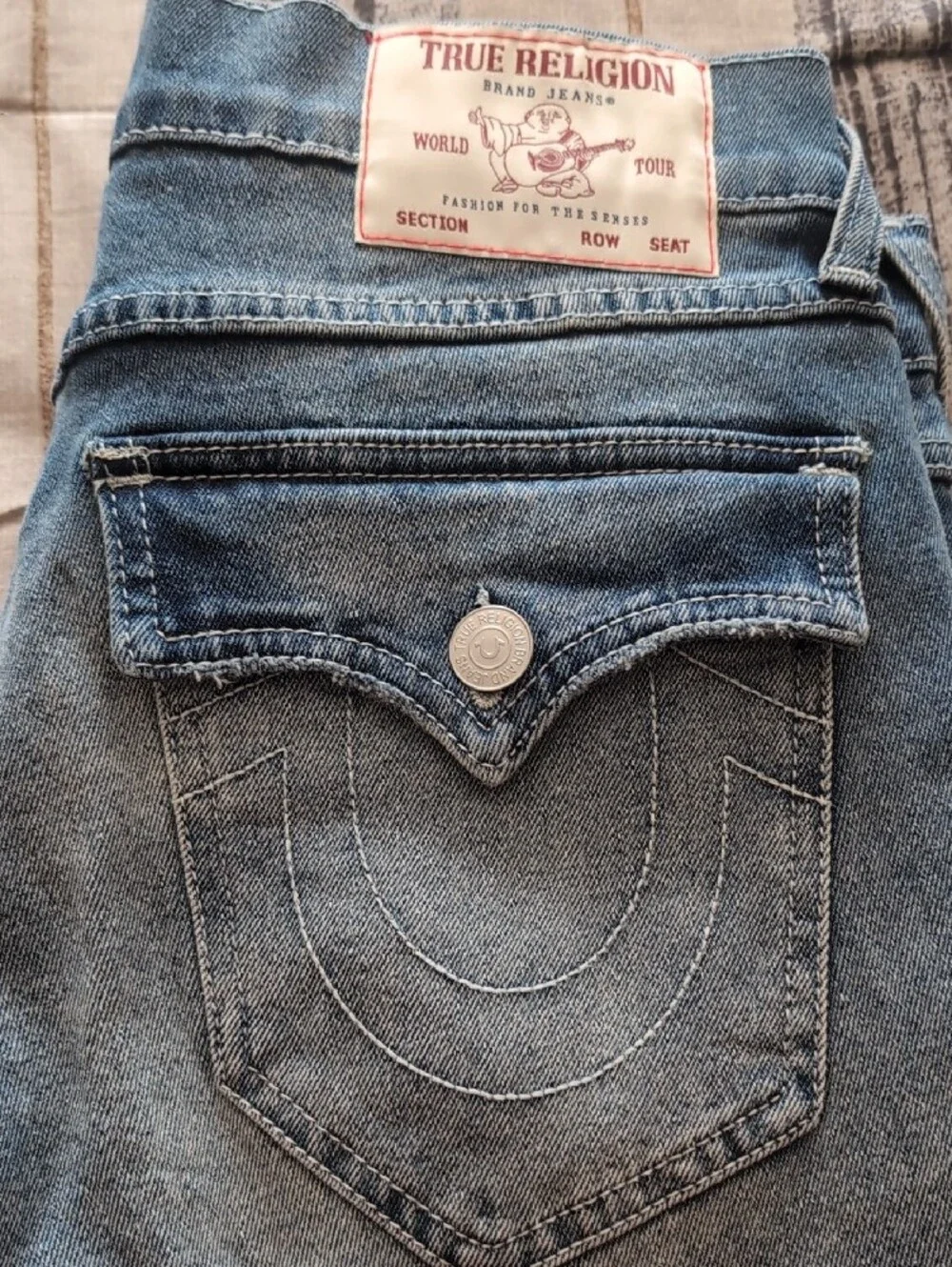True Religion Men's Light Blue Relaxed Jeans with Back Pocket Flap